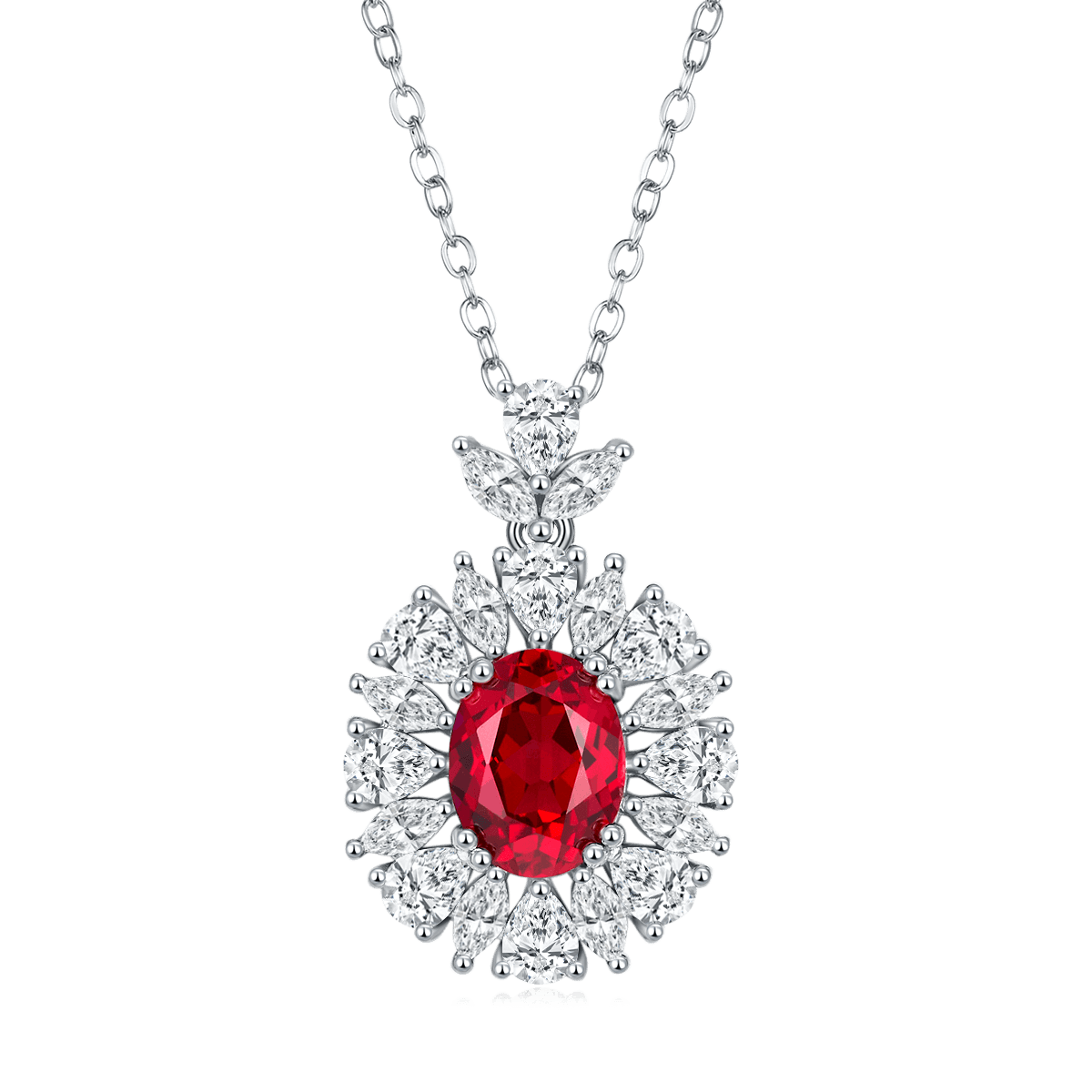 S925 Silver 4.6g Platinum Plated 2ct Lab-Created Ruby Necklace, 9x7mm Vintage Halo, 40&5cm