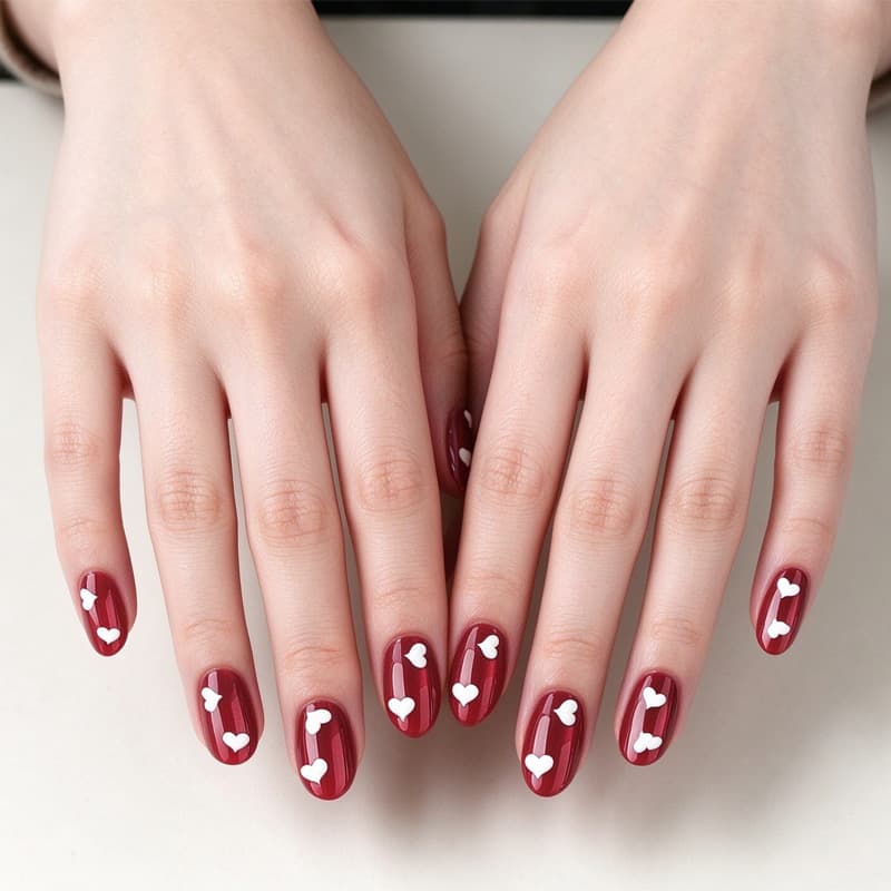 24Pcs Medium Almond Press On Nails, Glossy Red With White Heart Pattern Reusable False Nails For Women Daily Wear