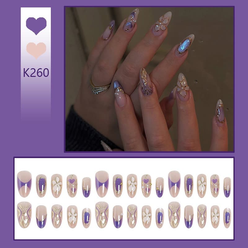 Wearing Nail 3d Three-dimensional Flower Almond Nail Purple Roland Nail Art Wearing Nail Piece Fake Nail