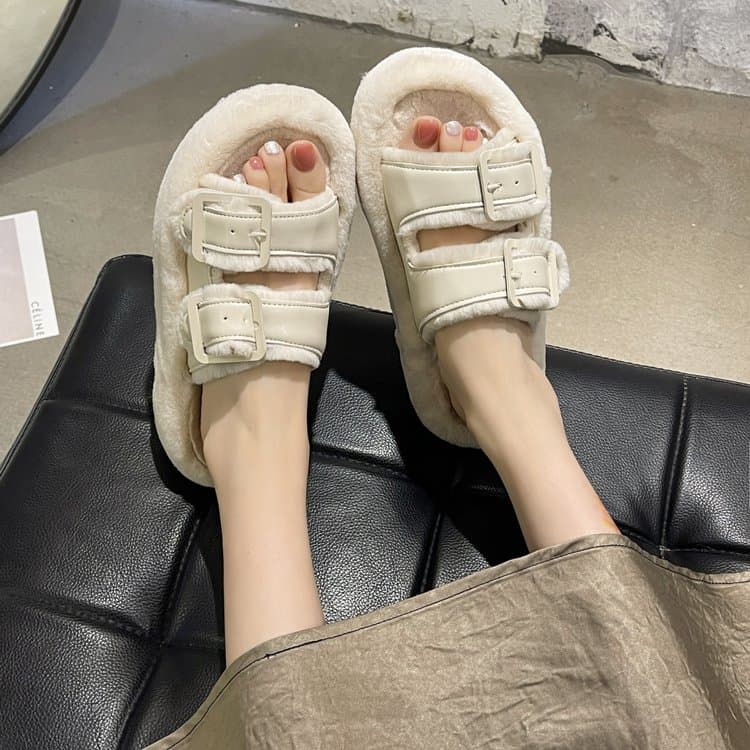 New Women's PlusSize Plush Slippers Hick HeightBoosting Sole, Leather Buckle, Warm Cotton Slippers For Indoor
