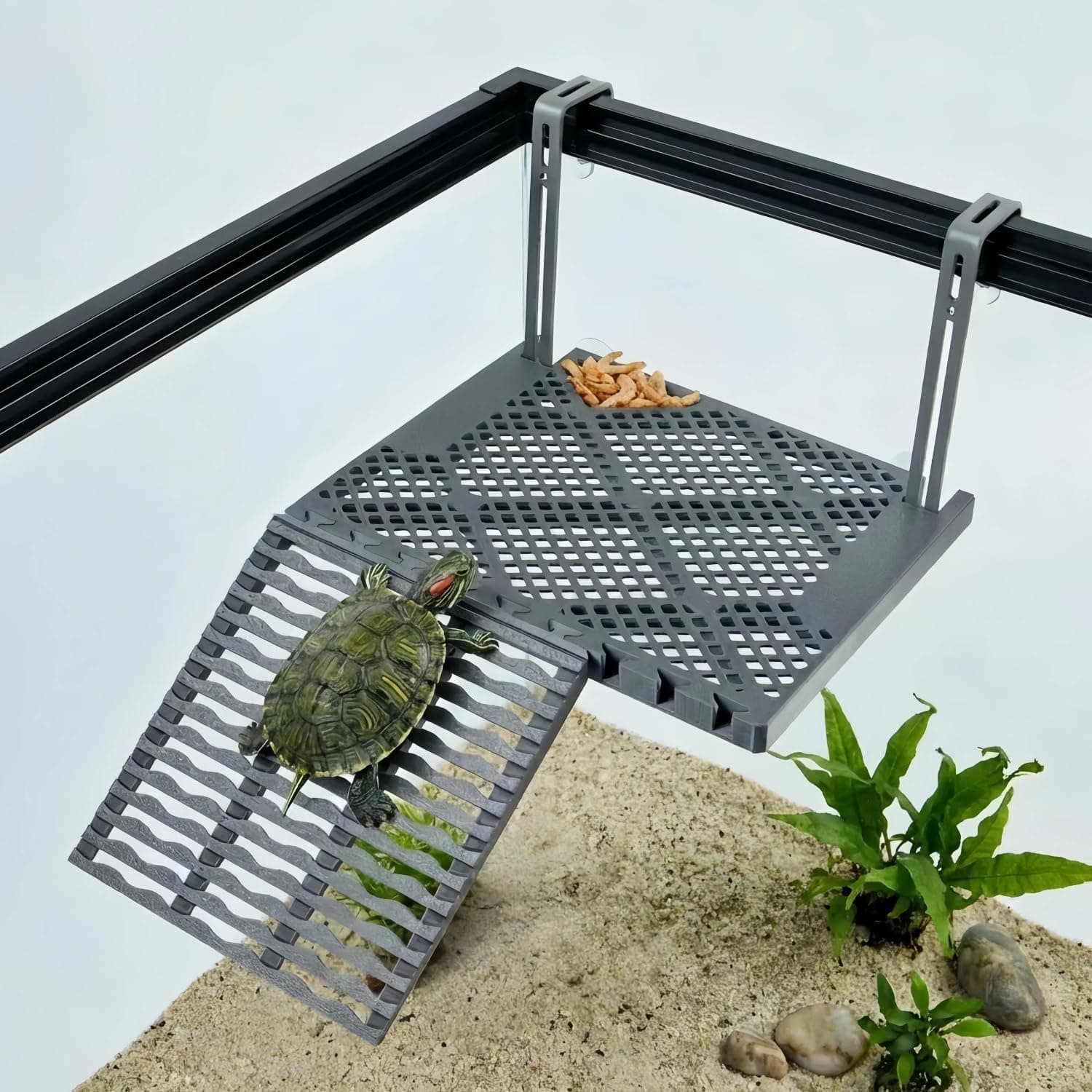 Hanging Turtle Basking Platform With Built-in Food Tray, Zero Zip-Tied, Non-Slip Ramp Terrace, Resting Turtles Dock, For 25-75 Gallon Aquariums Frog Turtle Turtle Tank Accessories