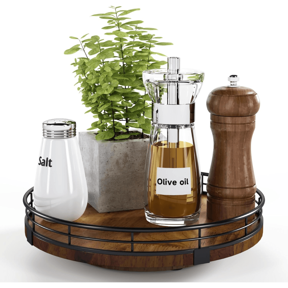 Farmhouse Oak Lazy Susan Turntable Organizer For Cabinet, Round Wooden Lazy Susan Organization And Storage For Dining Table, Pantry, Kitchen, Countertop, Cupboard,Home Decor, Walnut Wood