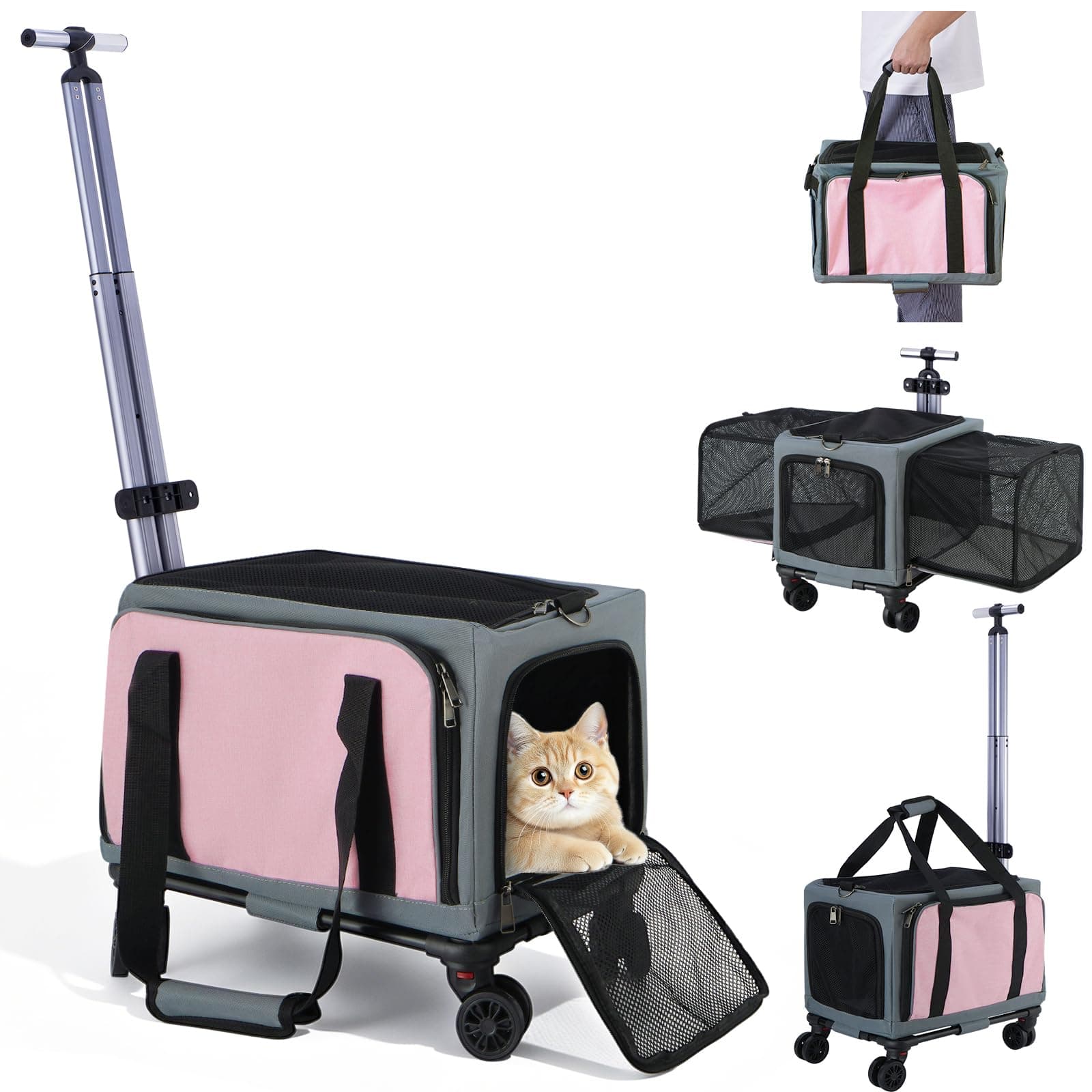 3-Sided Expandable Rolling Pet Carrier With Wheels, Small Cat Dog Travel Carrier, Foldable Portable Bag Grey  For Travel Camping Vet Outdoor Indoor Use