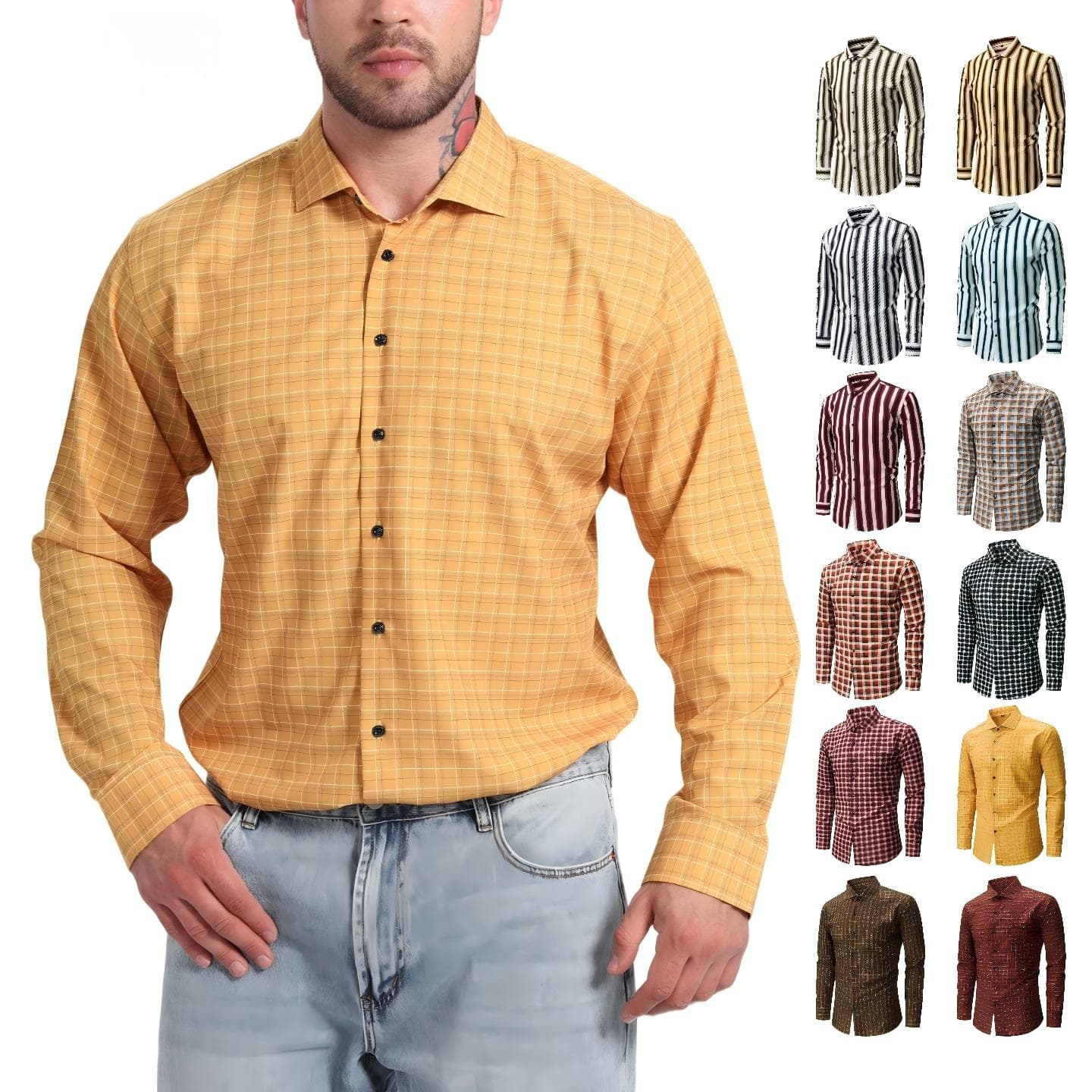 Jiana 2026 New Cross-Border Men's Shirt, Stretch, Non-Iron, Digital Print, Plaid Striped Long Sleeve Shirt For Men