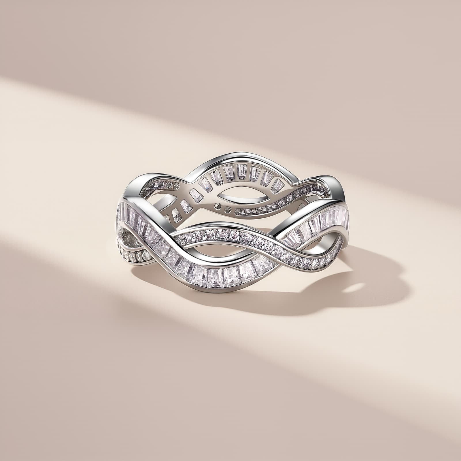 S925 Silver 3g Baguette Moissanite Intertwined Ring, D VVS1, GRA US 5-8