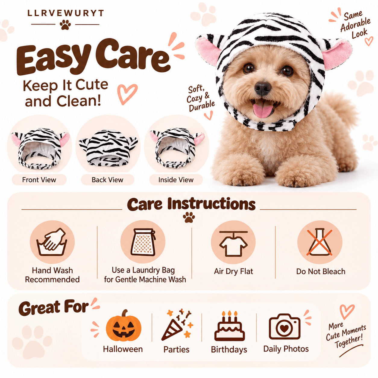 Cute Zebra Print Pet Hat Soft Plush Cat Dog Headwear With 3D Pink Ears Adjustable Hook And Loop Chin Strap Lightweight Costume For Halloween Parties Photo