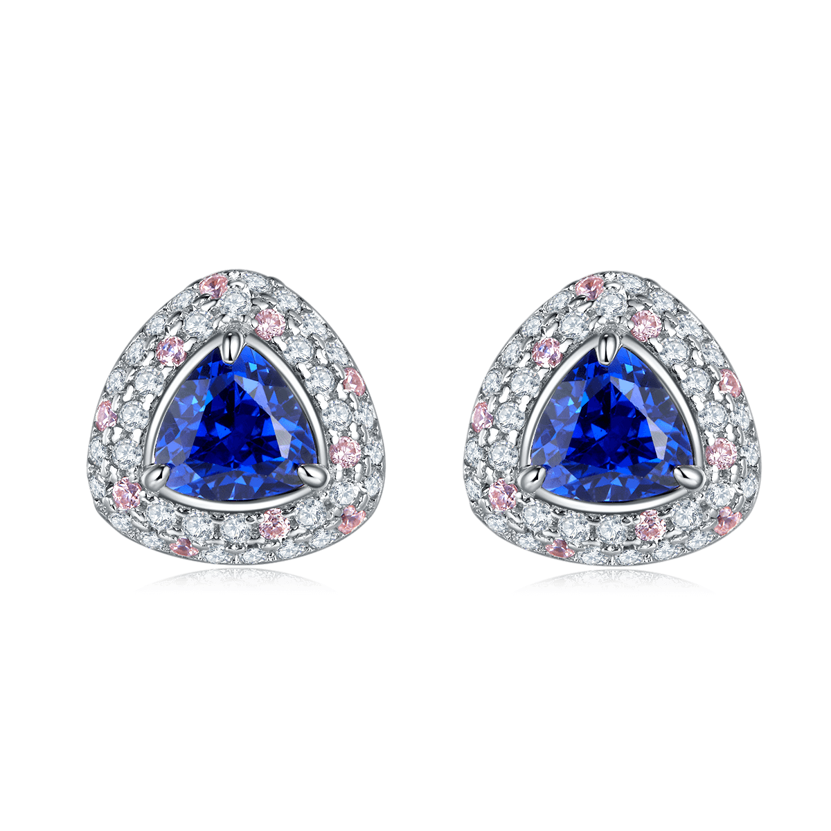 S925 Silver 3g 1.6ct Lab-Created Sapphire Earrings, 6mm Trillion Cut Halo, Pair