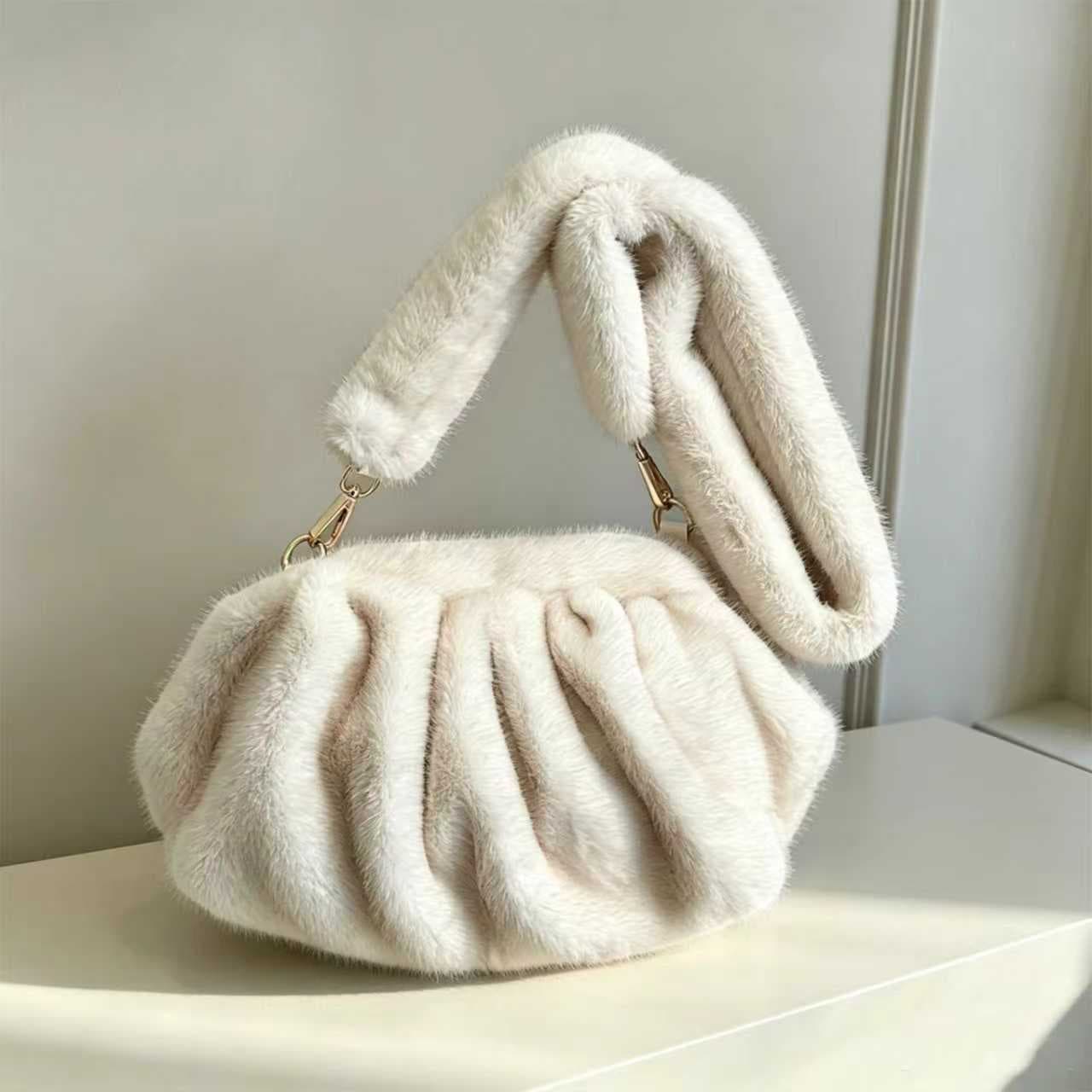 2026 New Plush Shoulder Bag Women's Fashion Imitation Mink Fur Pleated Cloud Bag Autumn-Winter Versatile Crossbody Bag - White