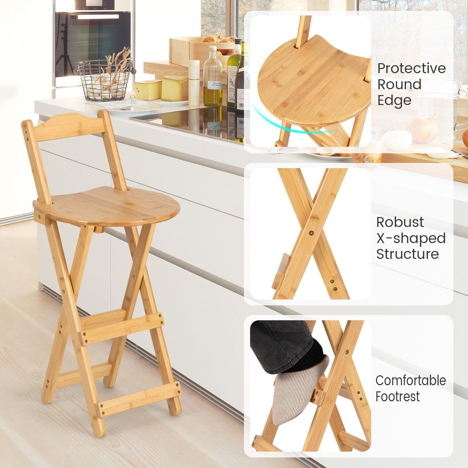 Wooden Folding Bar Stool Bamboo Kitchen Counter Height Stools With Backrest NEW