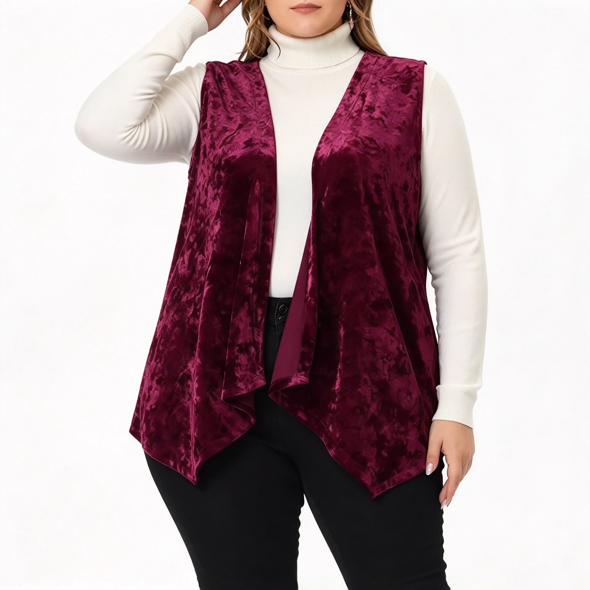 Women Plus Size Velvet Knit Sleeveless Open Front Vest
