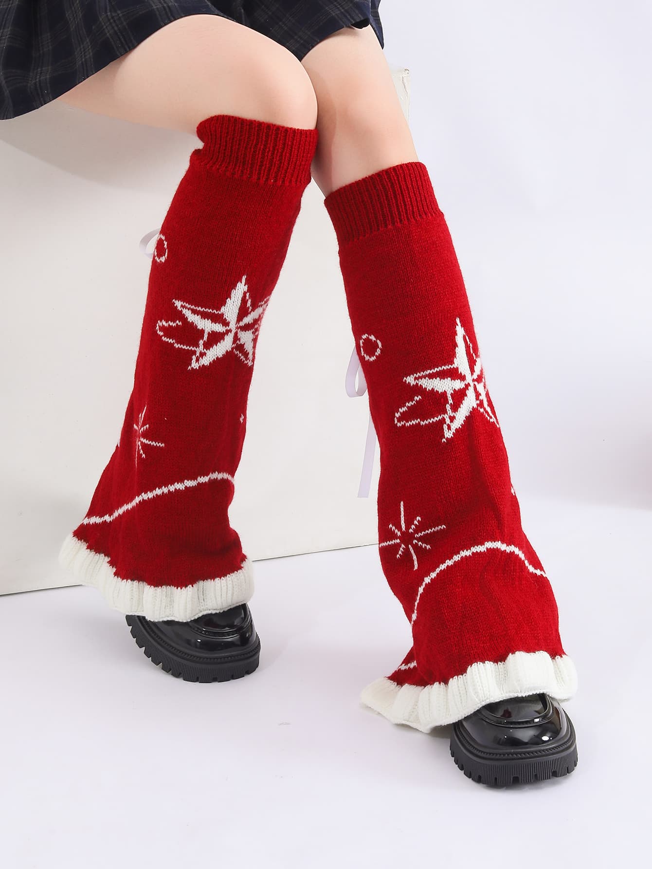 Y2K Goth Lolita Flared Knit Lace Tie Leg Warmers Slouch Socks