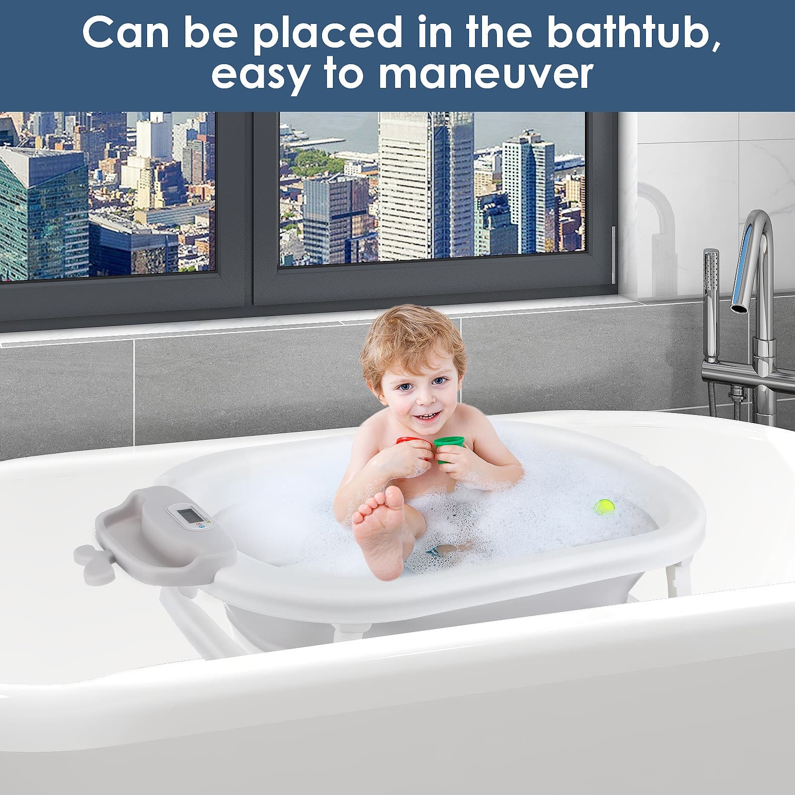 Baby Bath Tub Foldable Bathtub With Thermometer&Support Cushion Pad Seat Mat