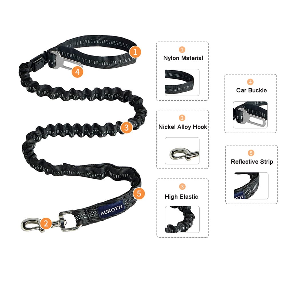 Dog Training Leash Traction Rope Nylon Bungee Heavy Duty Car Buckle Reflective