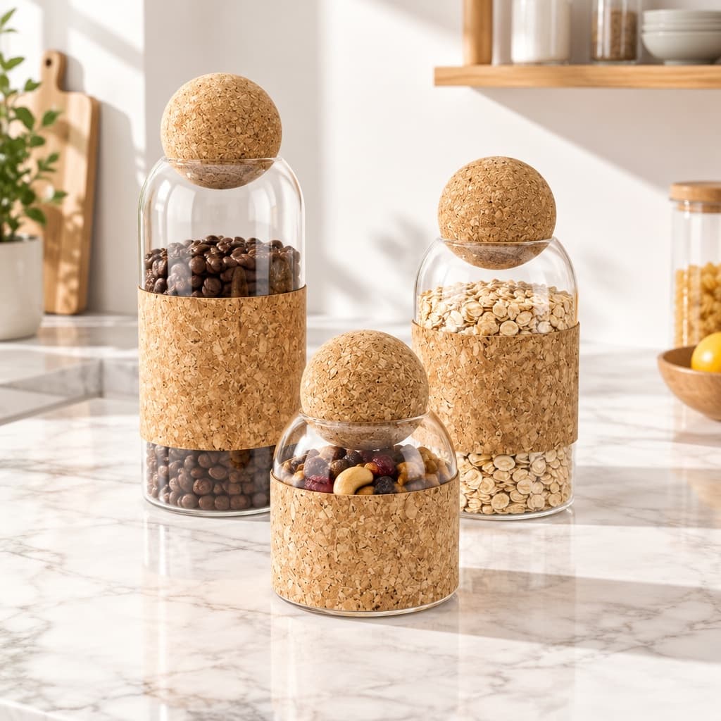 Glass Storage Jar With Ball Cork Lid, Borosilicate Pantry Canister With Cork Sleeve For Coffee