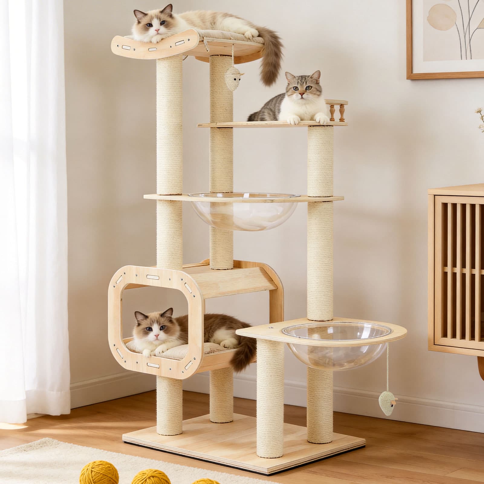 Heavy-Duty No-Drill 4-Story Cat Tree-Solid Wood Multi-Story Boards, Multi-Column Design, 55.9in Cat Tower With Open Condo, Double Space Capsules & Perch, Indoor Cat Furniture For Multi-Cat Families