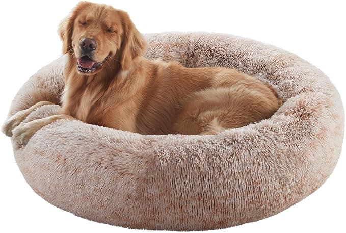 36-Inch Brown Faux Fur Fluffy Donut Bed For Large Dogs