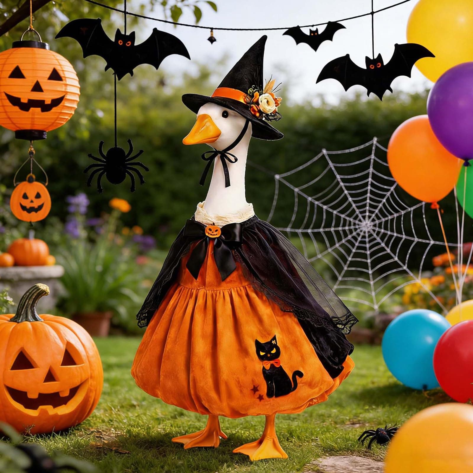Halloween Porch Goose Outfits, Pumpkin Witch Black Cat Dress With Hat For 23'' Lawn Cement Plastic Goose Cute Porch Goose Outfit For Outdoor Garden Yard Decor