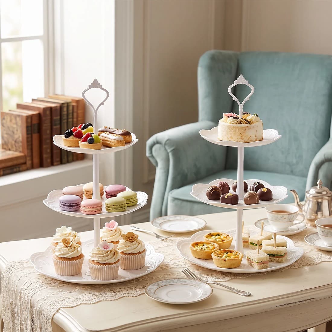 2PCS 3 Tier Cake Stand Afternoon Tea Wedding Plates Party Embossed Tableware
