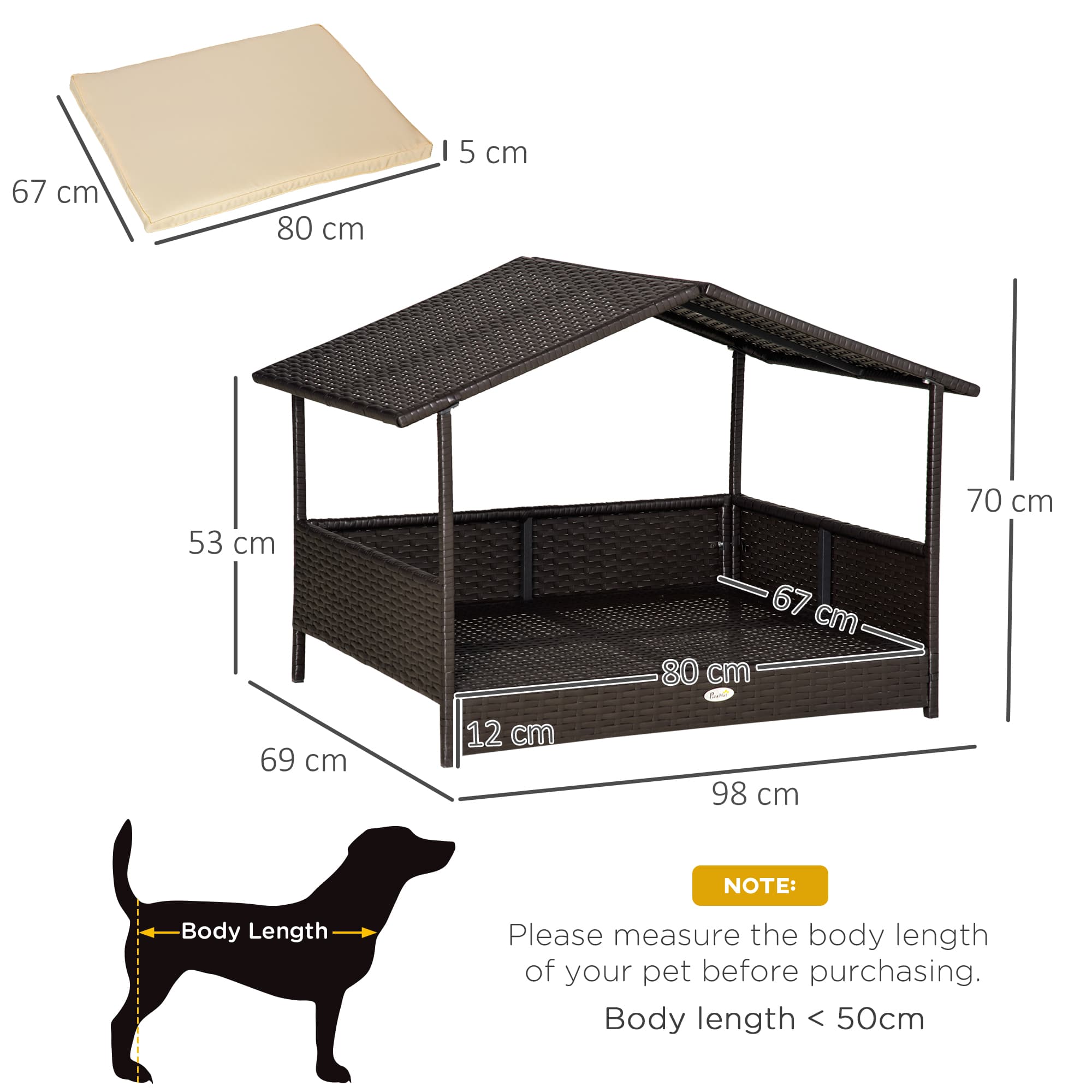 Wicker Dog House, Rattan Pet Bed, With Removable Cushion, Canopy, For Small And Medium Dogs - Cream