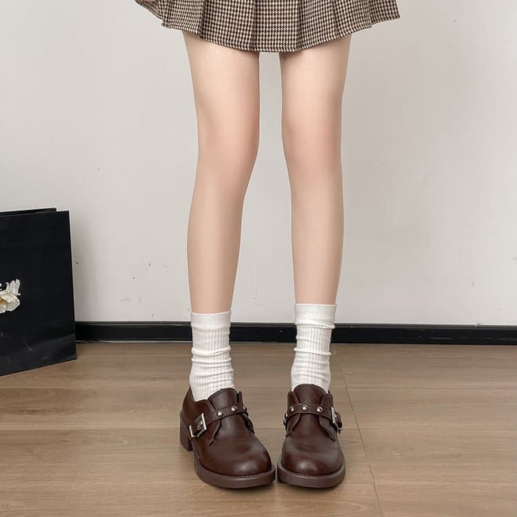 Women's Loafers, New Autumn Leather Shoes, British Style Rivet Belt Buckle Platform Flats