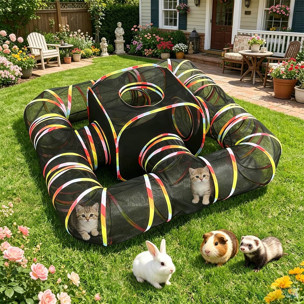Outdoor Rainbow Cat Enclosure, 5 In 1 Portable Cat Tents For Outside Cage Free Outside Pet Enclosure Cat Tunnel Outdoor Playground For Indoor Cats And Small Animals