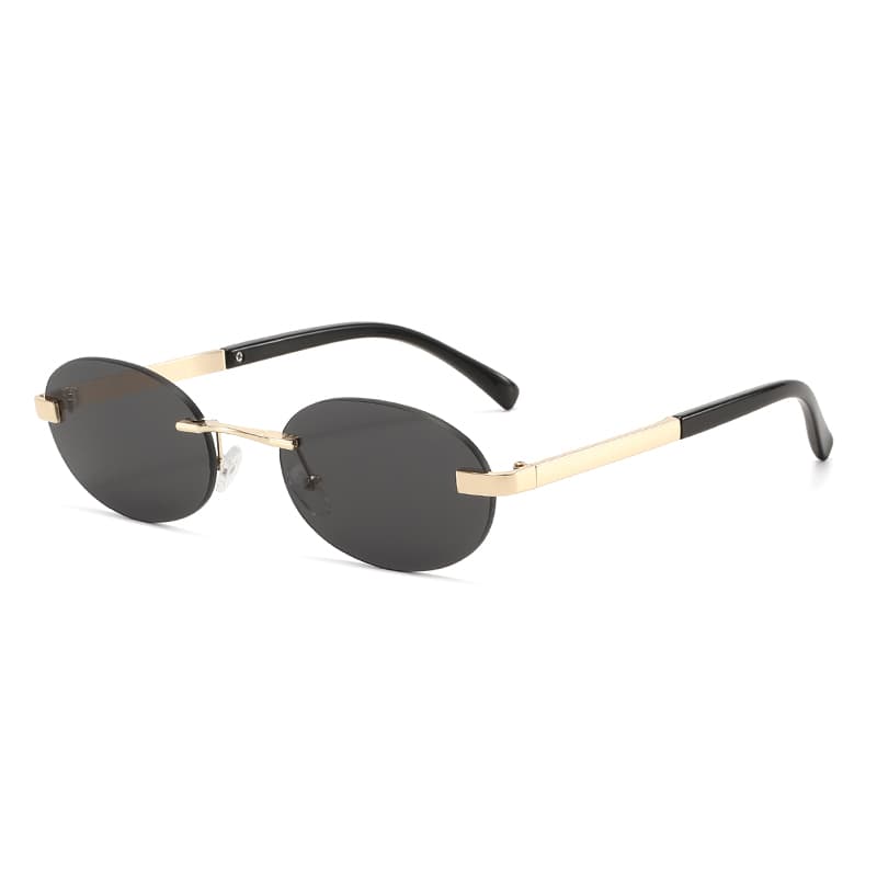 Retro Frameless Oval Sunglasses With A Luxurious Gold-accented Black Temple, Minimalist Hong Kong-style Design, Ideal For Outdoor And Commuting Use With UV Protection.