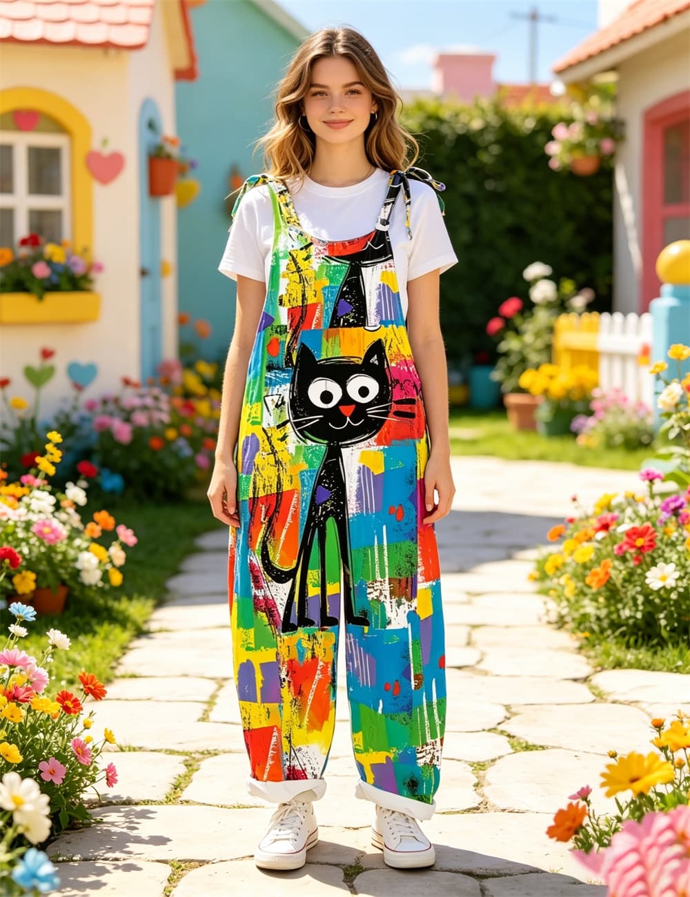 Women Colorful Graffiti Black Cat Print Tie Strap Overalls, Loose Wide Leg Rolled Cuff Casual Jumpsuit With Pockets