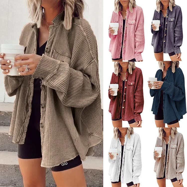 Women's Fall Winter Long Sleeve Waffle Knit Button Cardigan Jacket, Casual Lapel Collar With Pockets Irregular Hem Coat