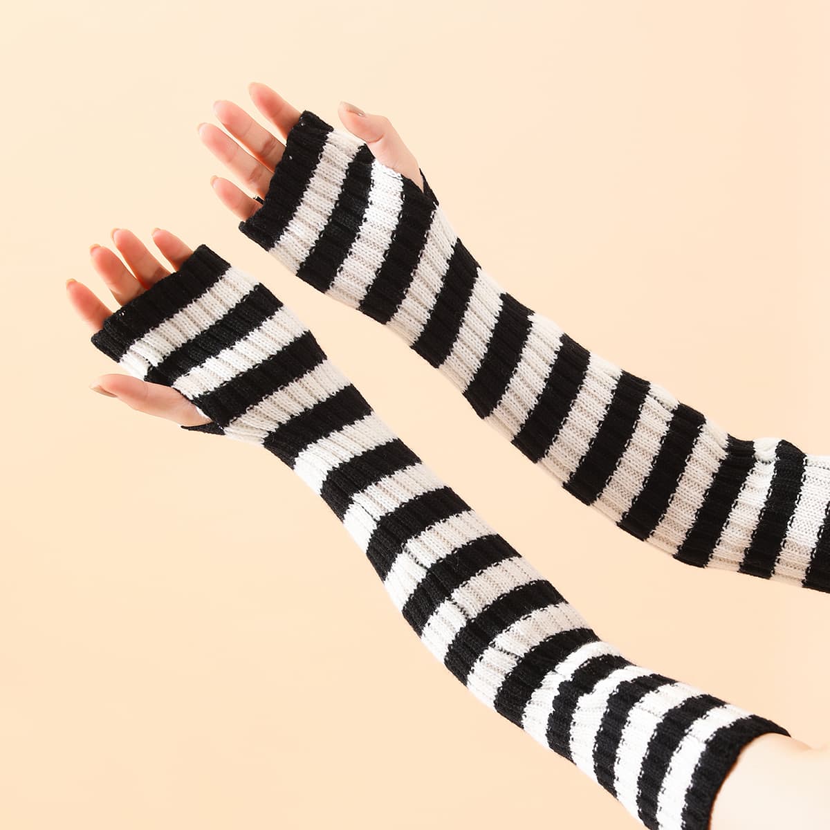 50cm Grils Women Y2K Lolita Solid Color Striped Warm Knit Fingerless Gloves Arm Warmer For Daily Party