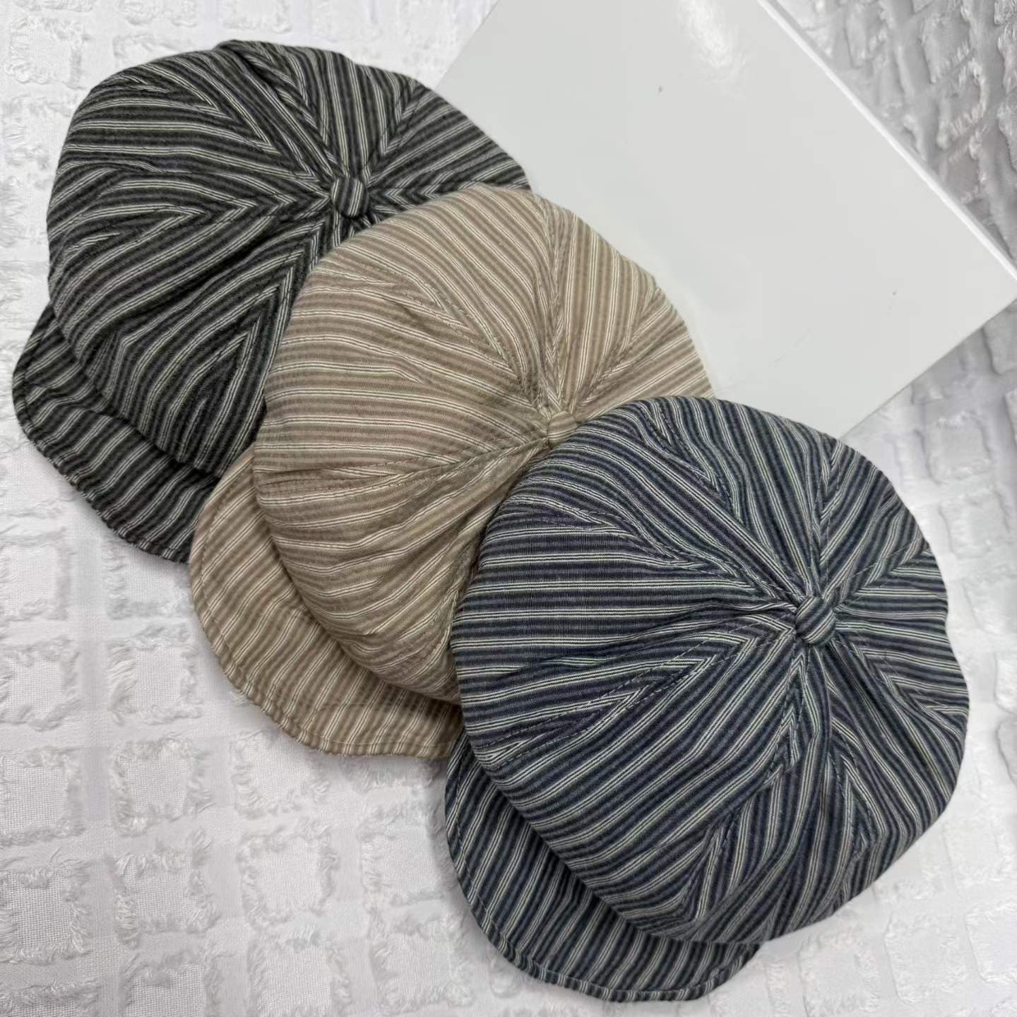 Fashion British Style Vertical Stripe Color-matched Vintage Reporter Hat, Artistic And Casual Soft Brim Painter Hat