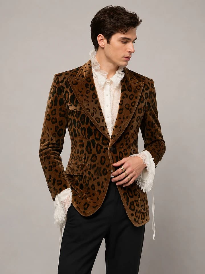 Men Leopard Print Velvet Blazer