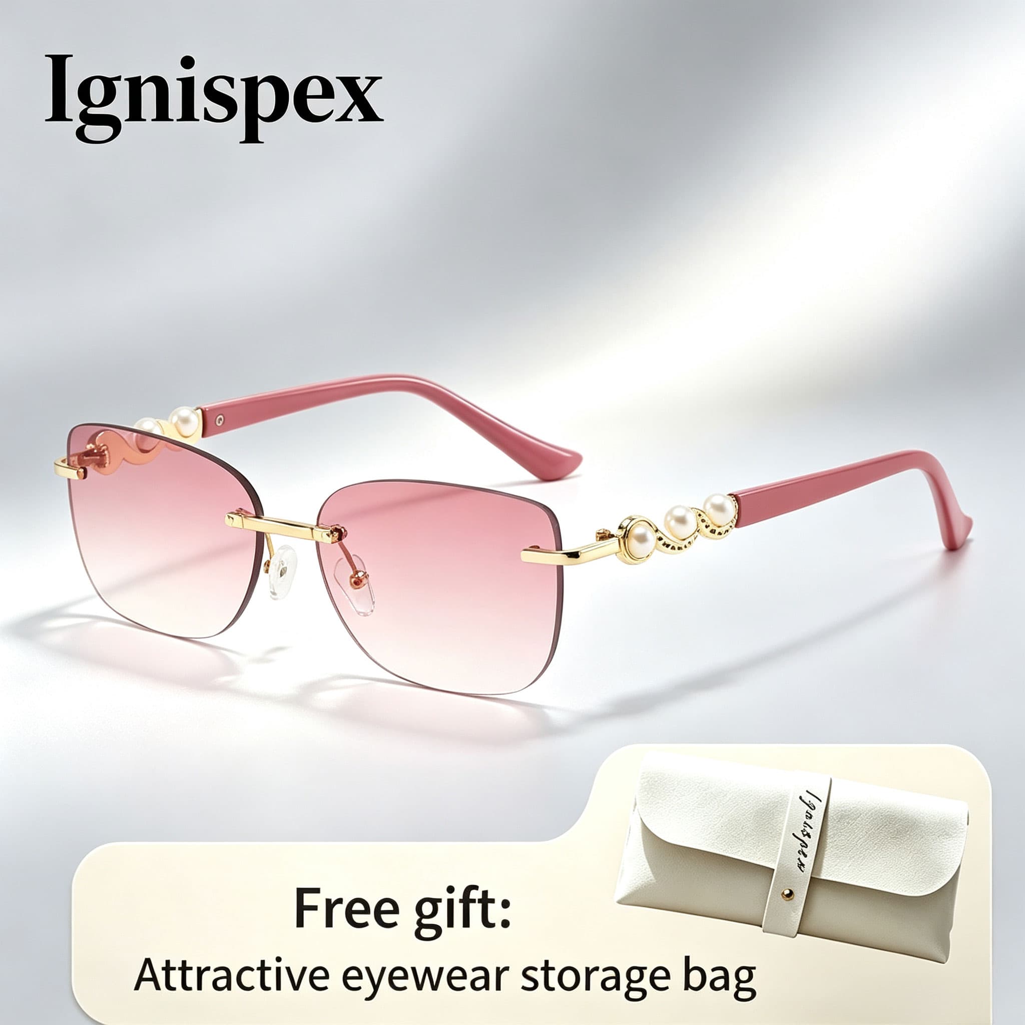 Rimless Rectangular Women Sunglasses, Brown Tint Lens, Pearl Decor Gold Temple, Comes With Free Storage Bag.