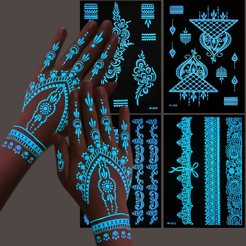 Glow In The Dark Henna Tattoo Stickers  Intricate Lace Hand & Arm Designs For Halloween Christmas Parties  Light Up Your Party