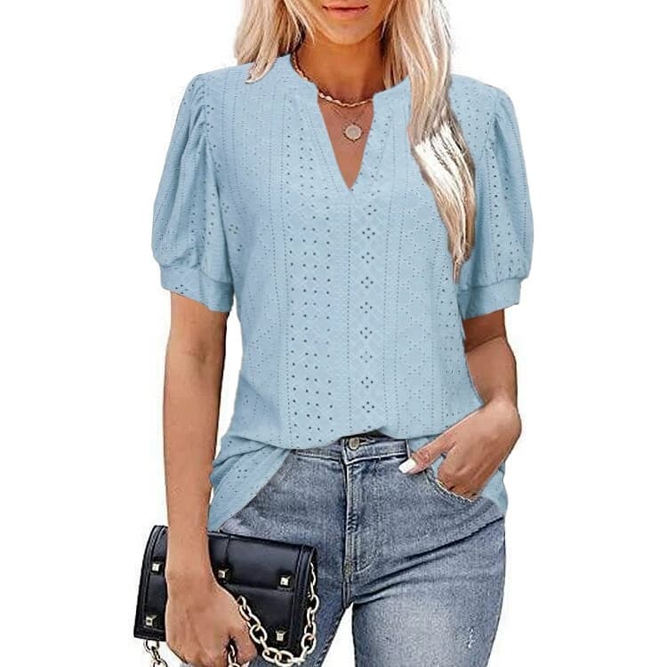 Spring & Summer Casual V-neck Solid Color Hollow-out Puff Sleeve Loose T-shirt Summer Shirt For Women