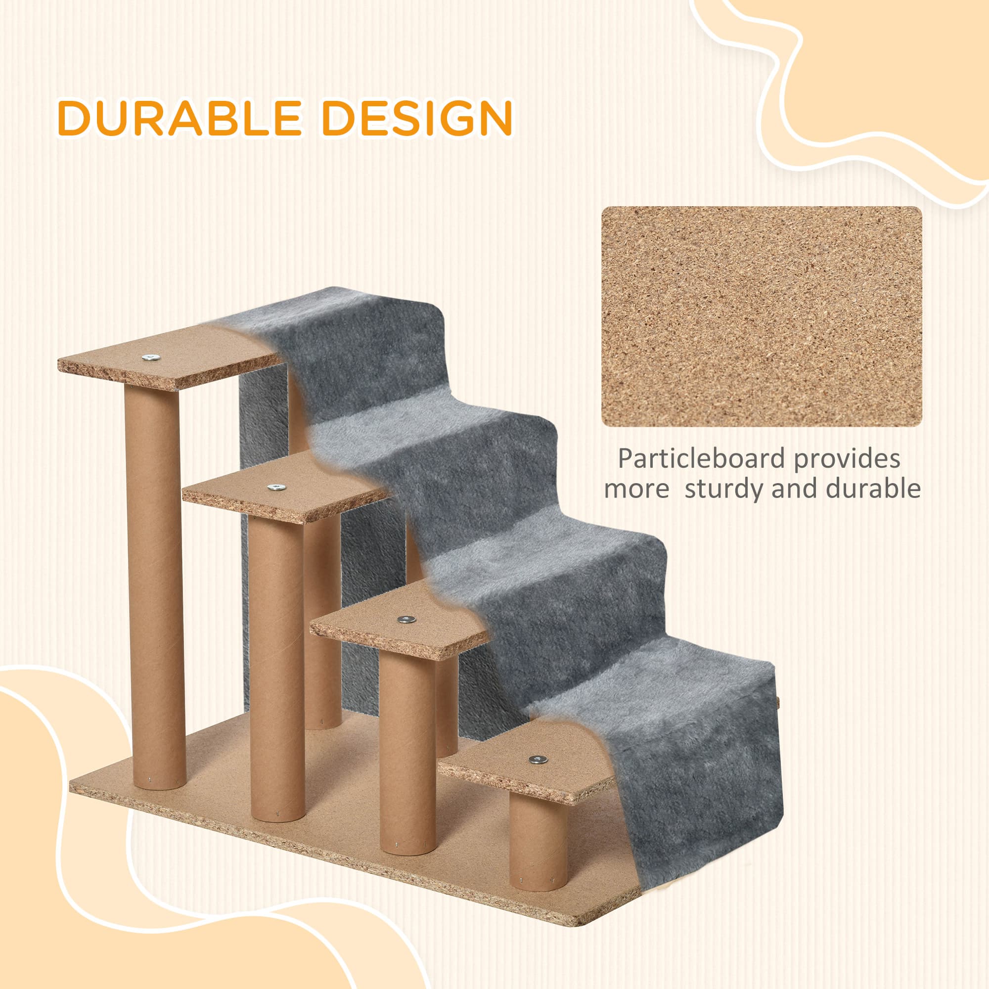 Four-Step Dog Stairs, With Washable Plush Cover, For High Bed Sofa, Dog Stairs For Small Dog And Cat - Light Grey