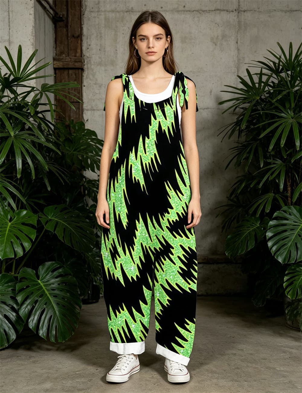 Women Black Green Lightning Print Tie Strap Overalls, Loose Wide Leg Rolled Cuff Casual Jumpsuit With Pockets