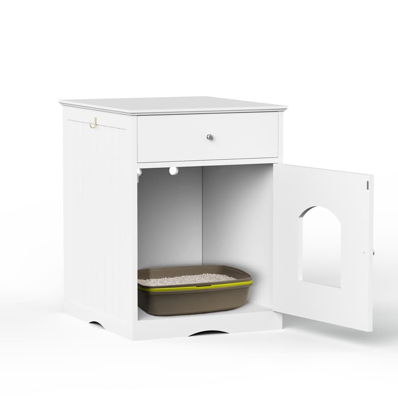 White Wooden Cat Litter Box Enclosure W Drawer & Side Table, Indoor Pet Crate Nightstand For Home