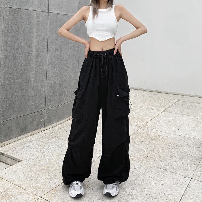 Modern American-style Vintage Work Pants For Men And Women, Summer Versatile Straight-leg Pants With A Relaxed Drape, Drawstring Cuffs, And Wide-leg Casual Style-black