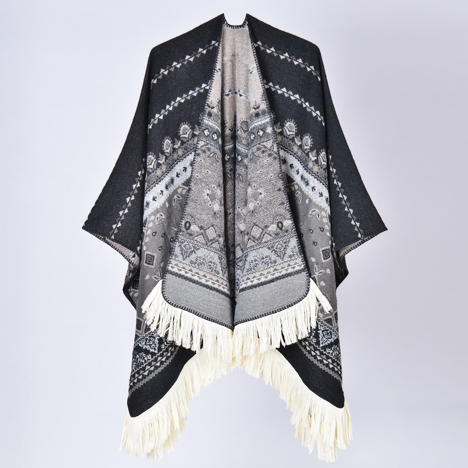 Women's Geometric Travel Photo Poncho, Large Shawl Autumn Winter Outerwear Warm