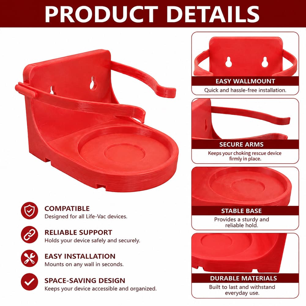 Durable ABS Red Choking Rescue Device Wall Mount Bracket Airway Clearance Tool Storage Holder Single Tier Plastic