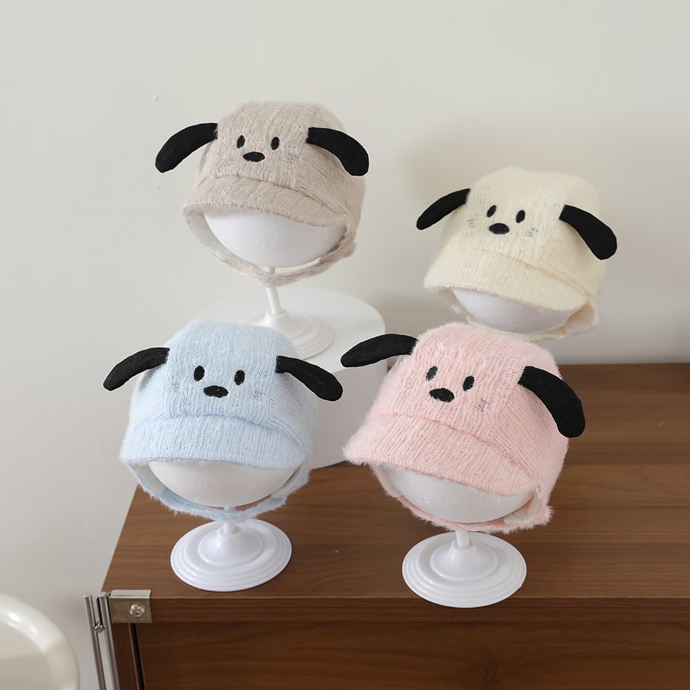 Children's Cartoon Dog-shaped Three-dimensional Ear Protective Ear Cap With Soft Plush Embroidered Warmth Preservation Cap For Winter And Autumn Cold Protection With Adjustable Short Brim Cap