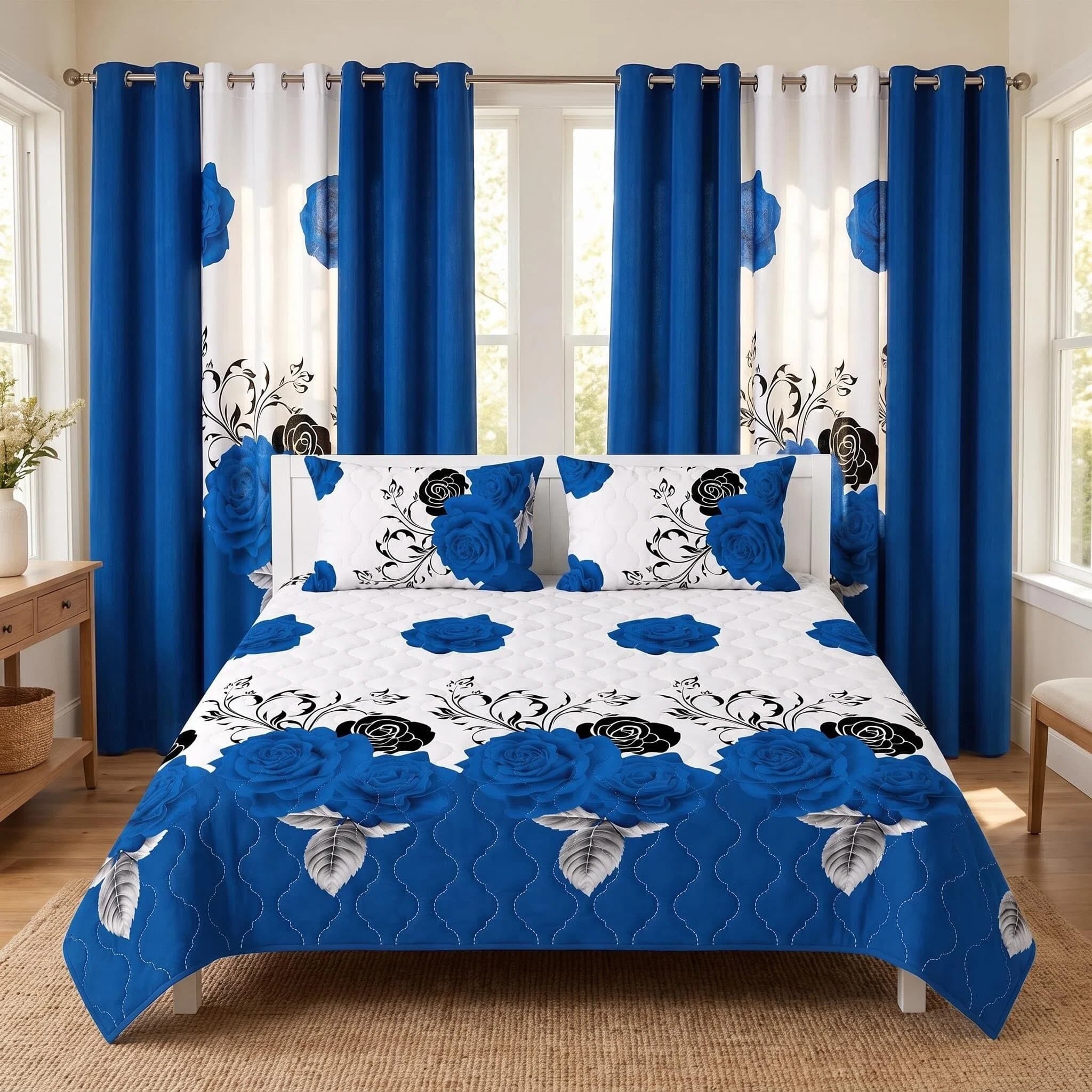 9-Piece Blue Rose Quilted Bedspread Set With 6 Window Curtain Panels And 2 Pillow Shams, Soft Microfiber Room Makeover Bedding Set