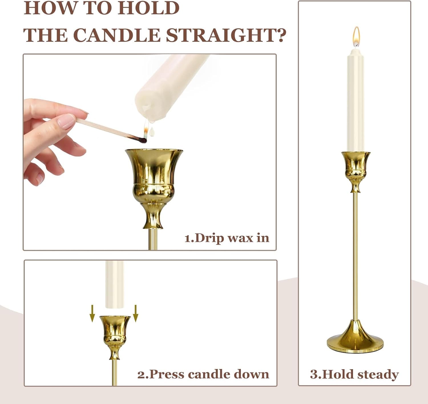 Gold Candlestick Holders, 3 Pack Taper Candle Holders, Elegant Candle Stands For Dining Table, Wedding, Christmas & Home Decor