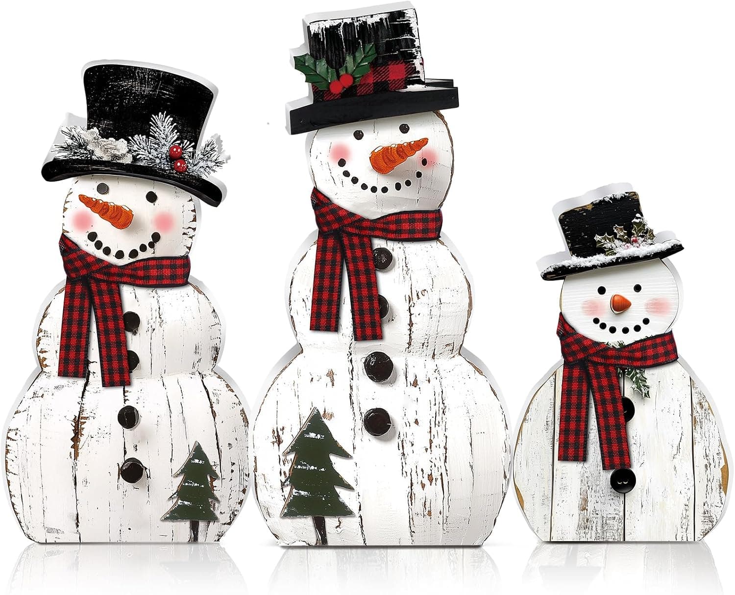 3 Pack Snowman Christmas Decorations, Rustic Wooden Holiday Figurines For Indoor Home Decor, Tabletop, Shelf, Mantel & Entryway