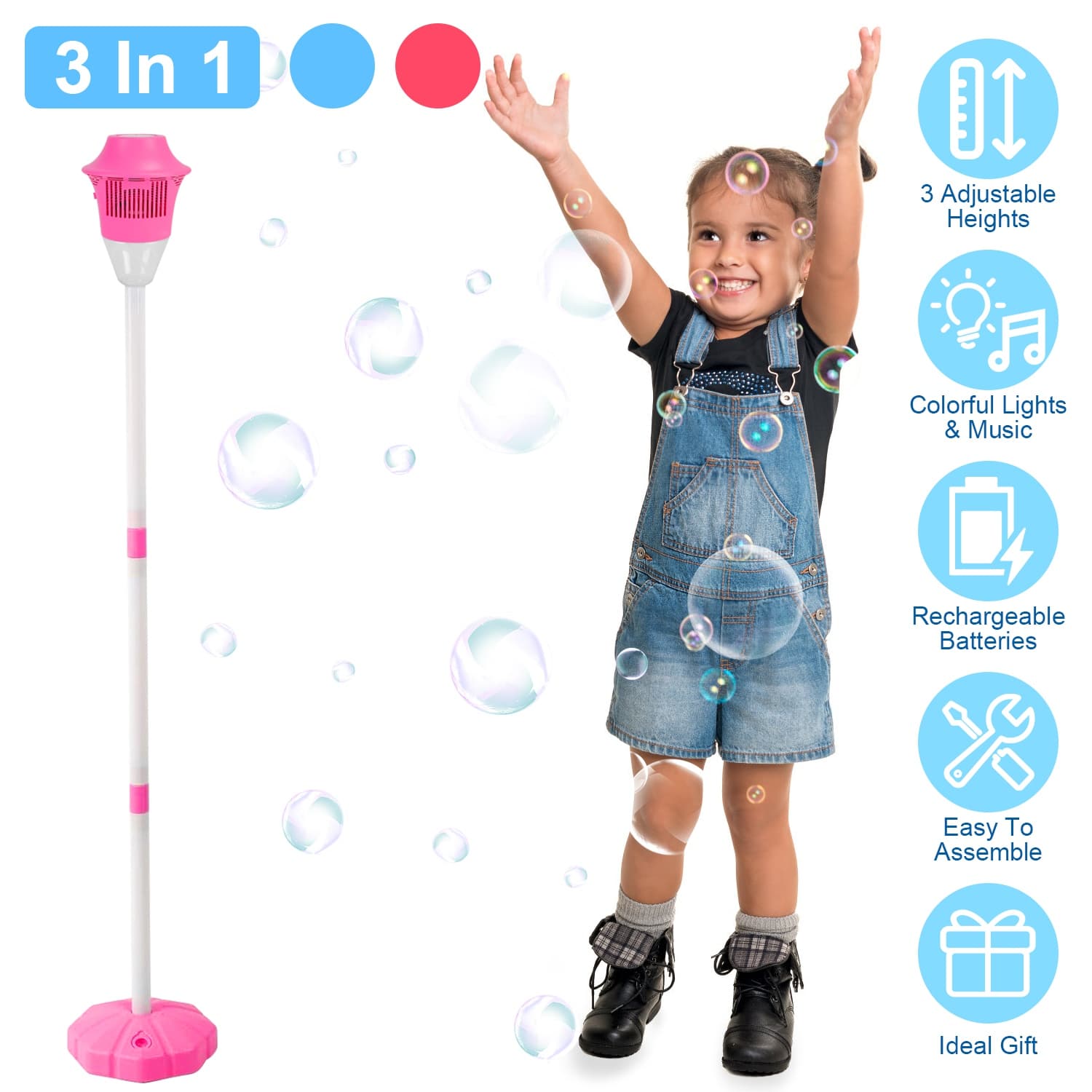 1Pc 3 In 1 Standing Bubble Machine With Colorful Lights And Music Rechargeable Bubble Maker Stand With 2 Modes 3 Adjustable Height For Party Wedding Indoor Outdoor Occasions Pets Kids Aged 3 Above