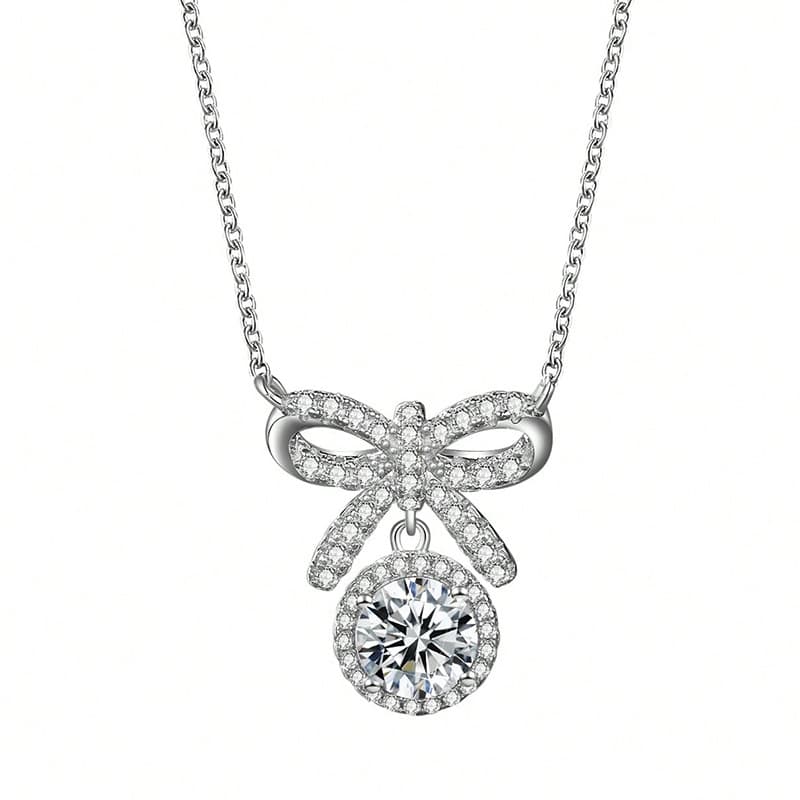 S925 Sterling Silver 1ct D Color VVS1 Moissanite Bow Necklace 45cm Platinum Gold Plated GRA Certified Gift Box