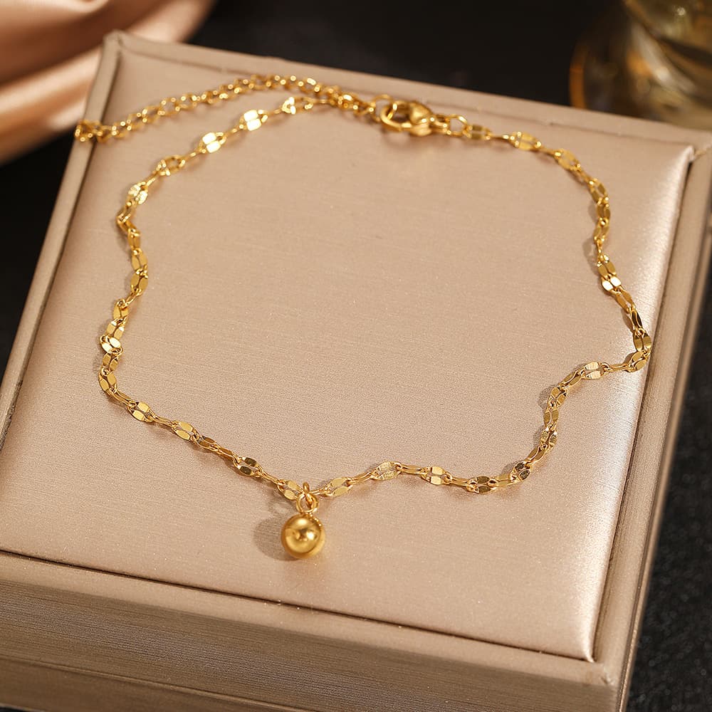 Gold Plated Stainless Steel Dainty Anklet For Women, Shiny Flat Chain Bead Charm Ankle Bracelet, Minimalist Summer Beach Foot Jewelry Gift