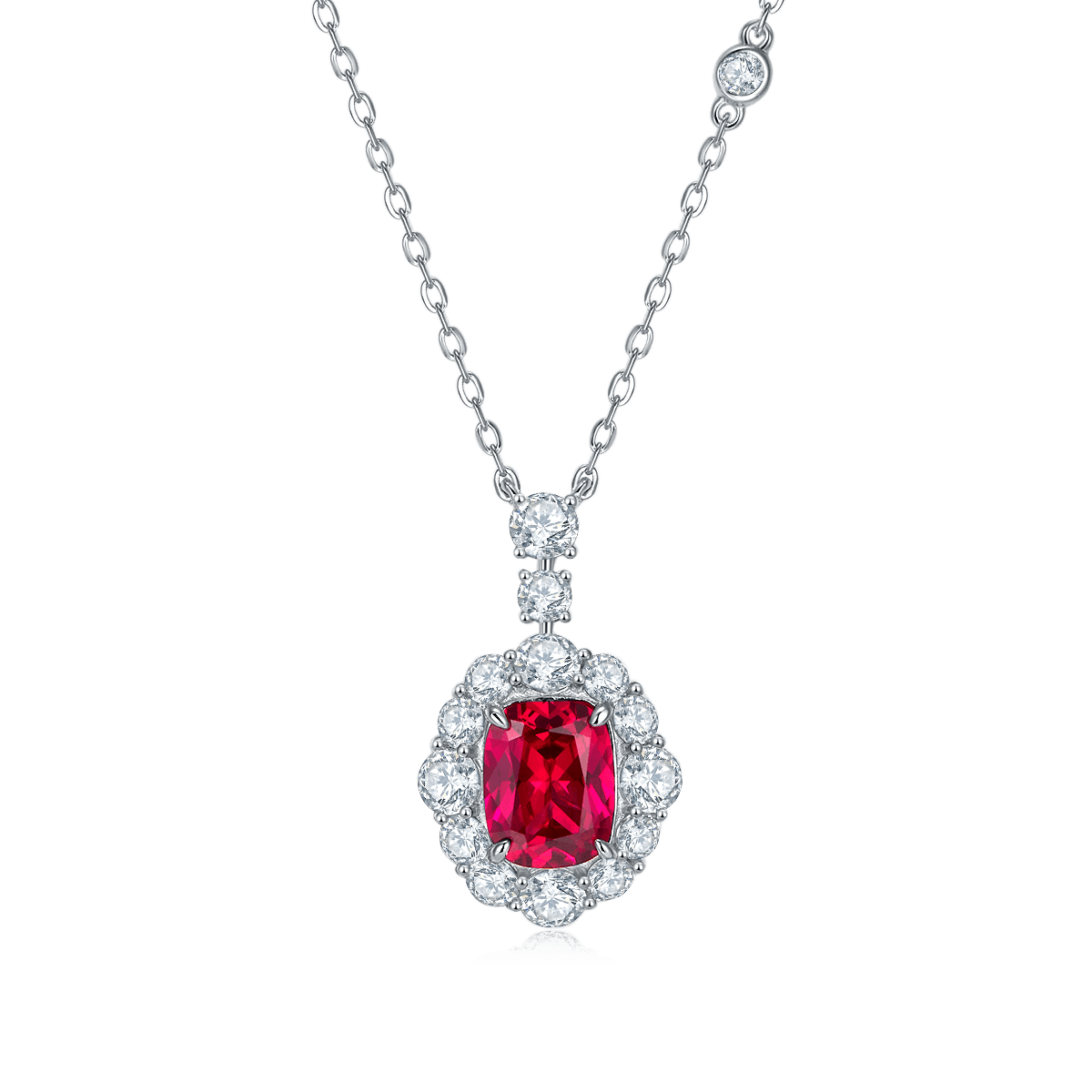 S925 Silver 5g Platinum Plated 4ct Lab-Created Ruby Necklace, 9x7mm Halo Pendant, 40&5cm