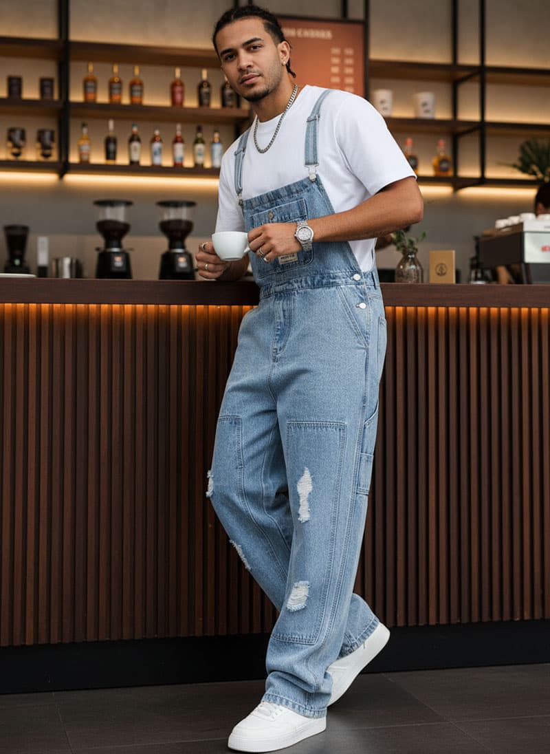 Distressed Light Blue Denim Overalls Men Ripped Loose Fit Vintage Streetwear Bib Overalls US Stock