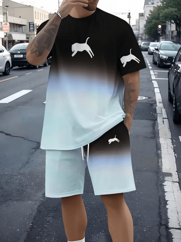 2026 Cross-Border European And American Amazon 3D Printed Letter Gradient Line Men's Round Neck Short-Sleeved T-Shirt And Shorts Set